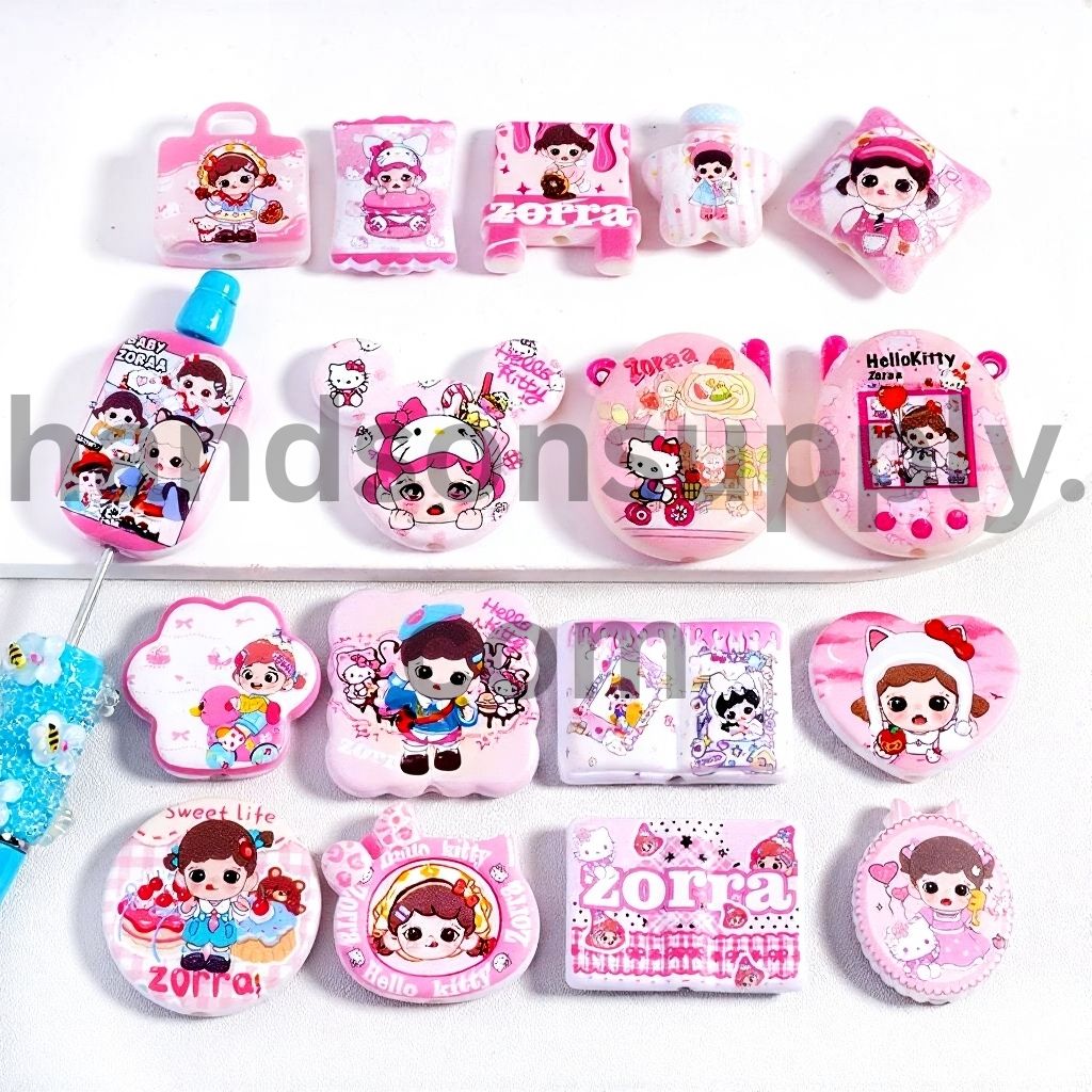 Matte Girl & Cute Cat Pink Series Print in Ditterent Design & Shapes, Acrylic Beads Pendant Random Mix
