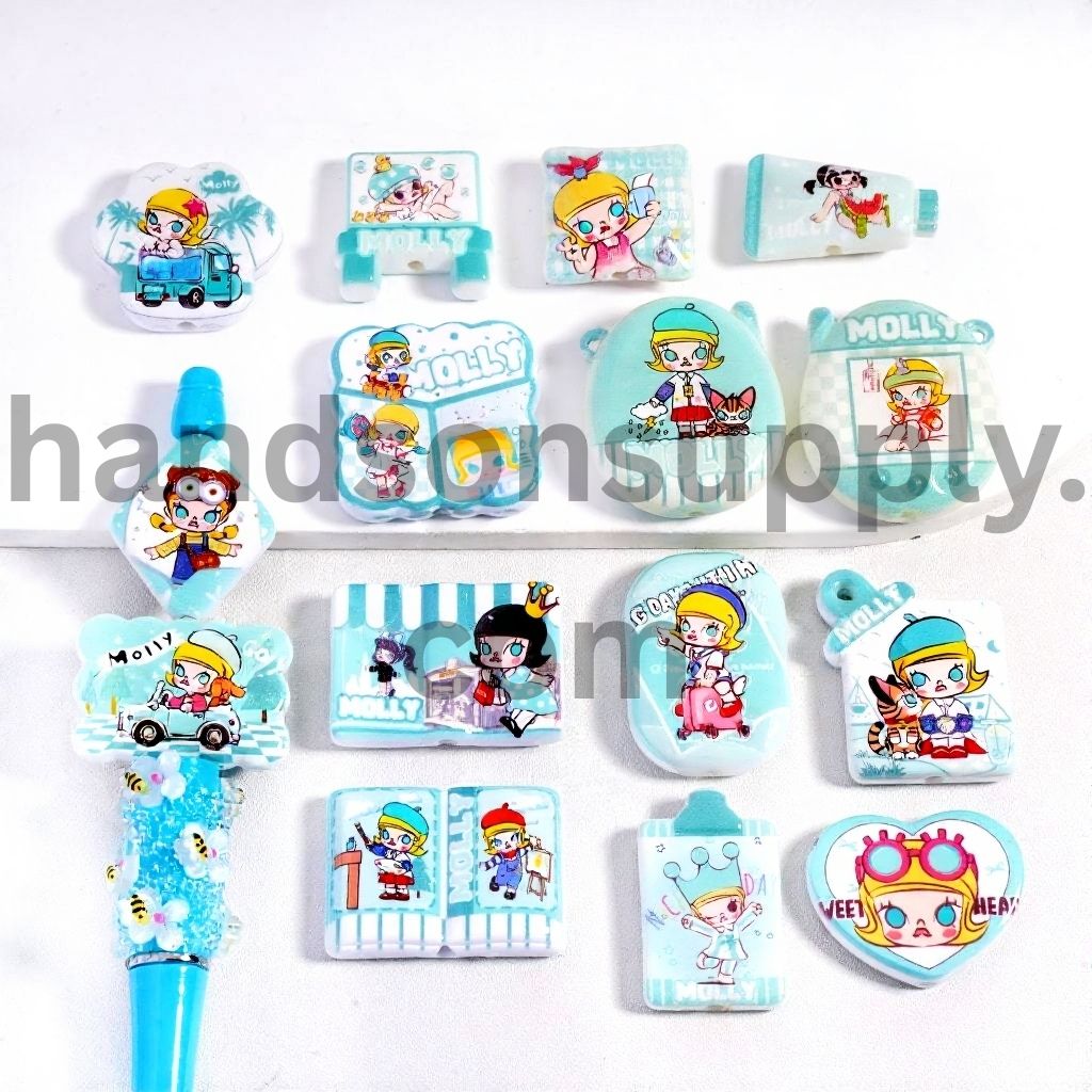 Teal Girl Double Sided Print Acrylic Pendant Different Design & Print Acrylic Beads Random Mix