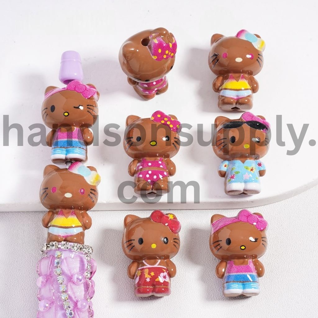 Brown Cute Cat Character with Pink Bow Various Clothing Styles Acrylic Bead Height 27MM, Random Mix
