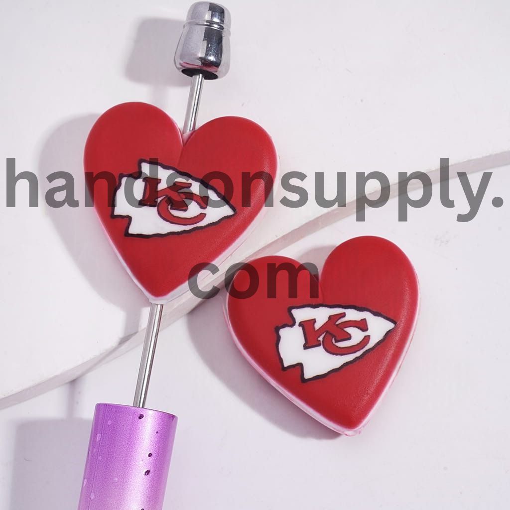 American Football KC Pattern Sport Theme Flat Heart Shape Silicone Focal Beads