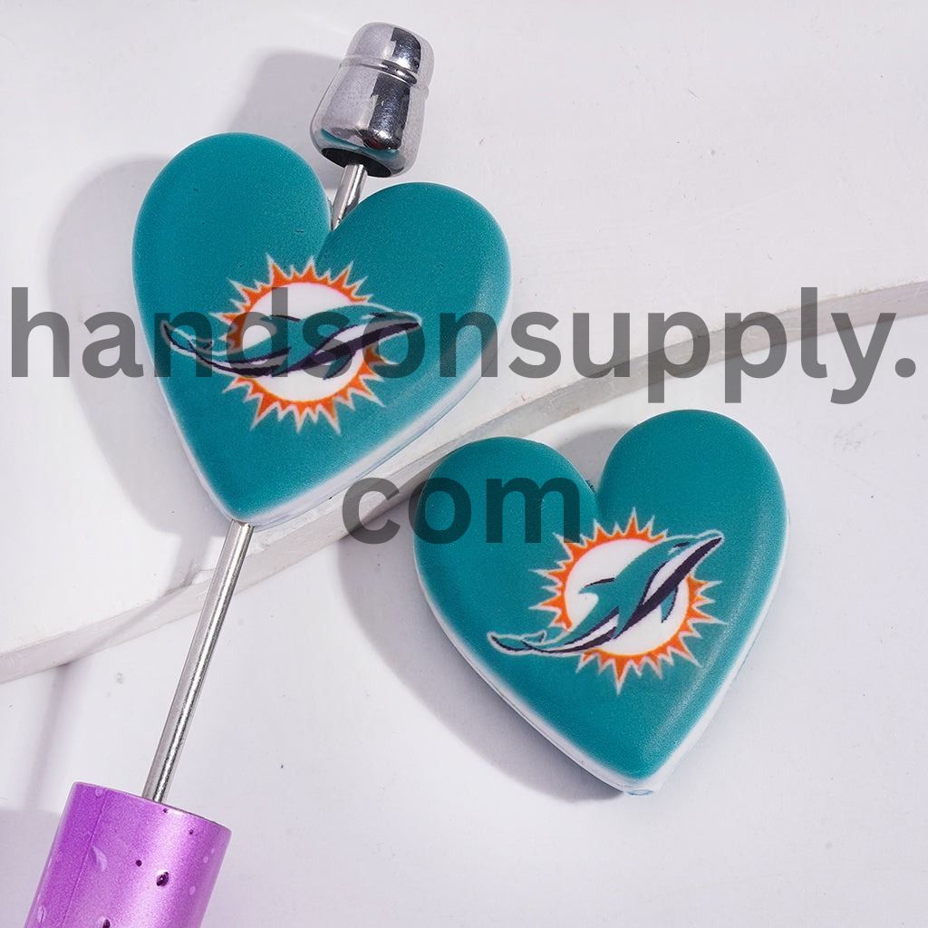 American Football Miami Pattern Sport Theme Flat Heart Shape Silicone Focal Bead