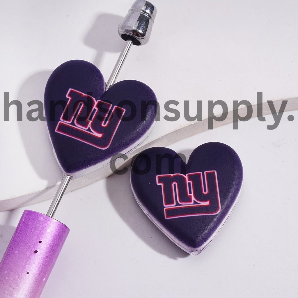 American Football NY Pattern Sport Theme Flat Heart Shape Silicone Focal Bead