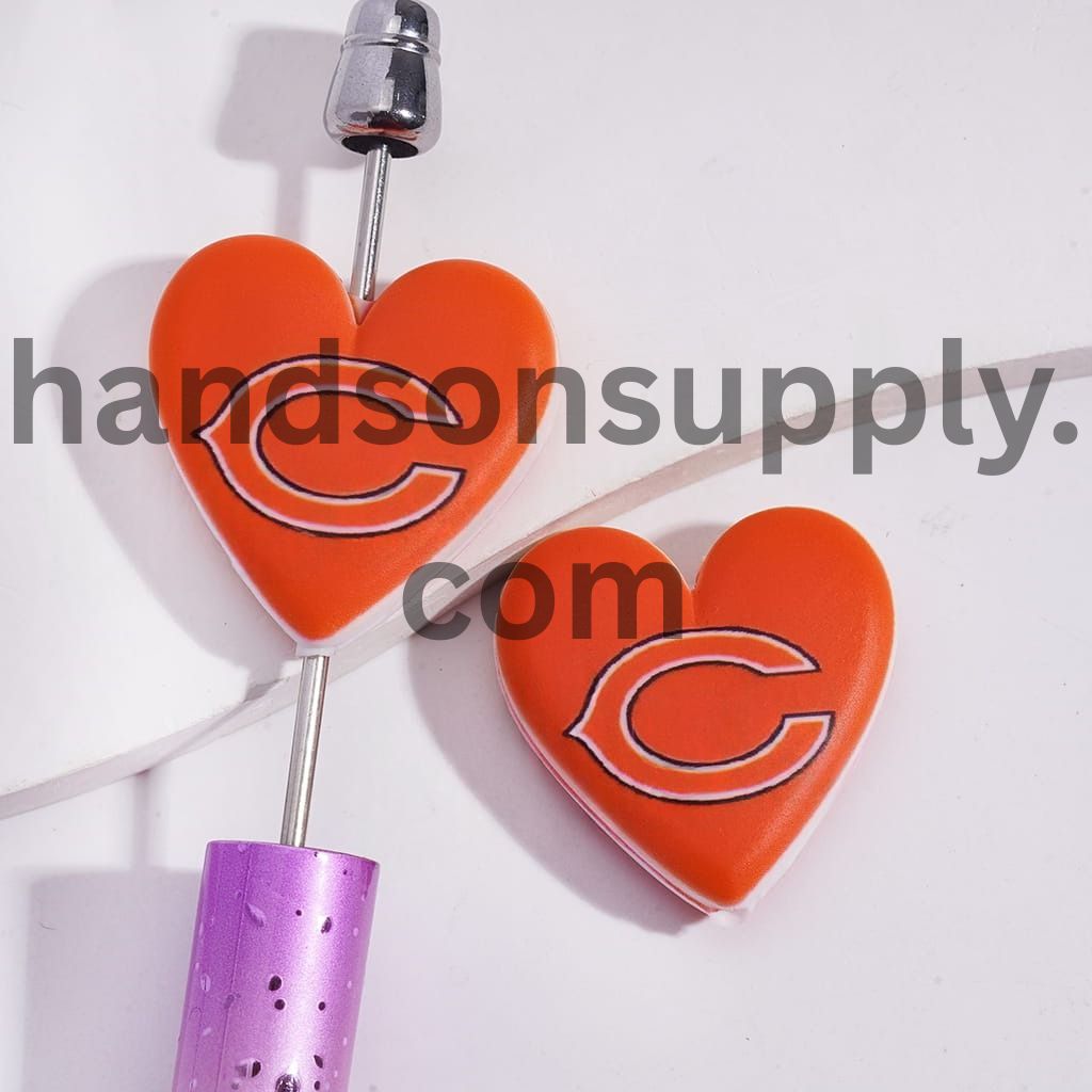 American Football Chicago Pattern Sport Theme Flat Heart Shape Silicone Focal Bead
