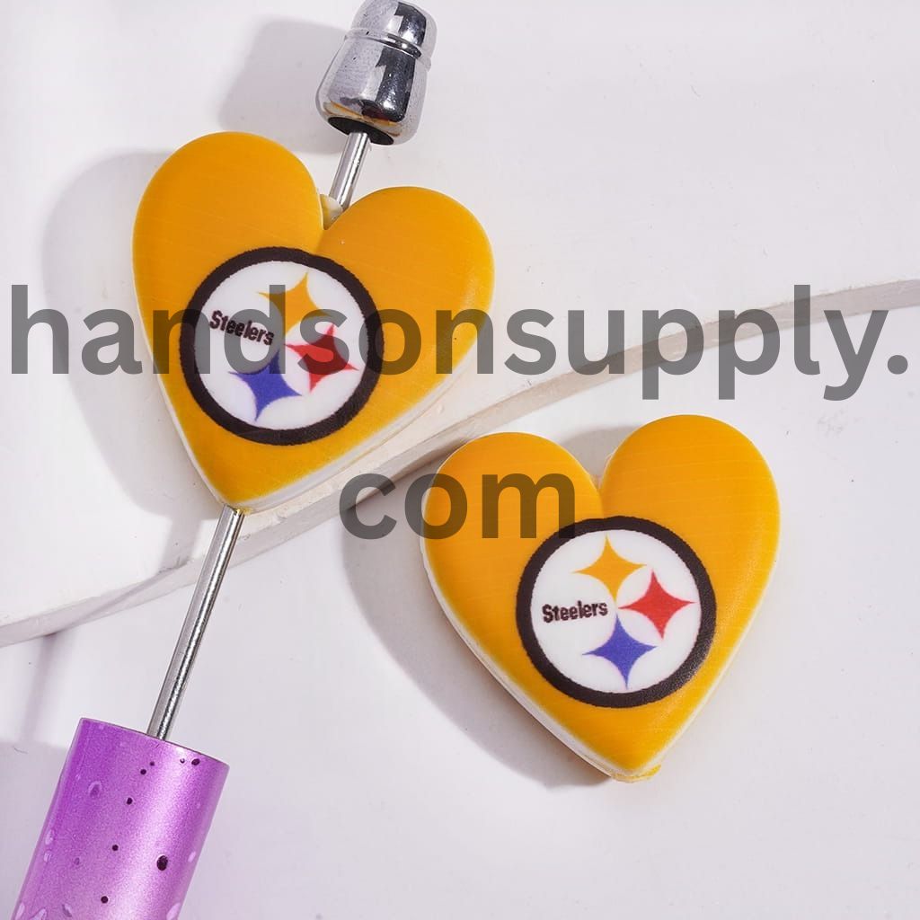 American Football Pittsburgh Pattern, Sport Theme Flat Heart Shape Silicone Focal Bead