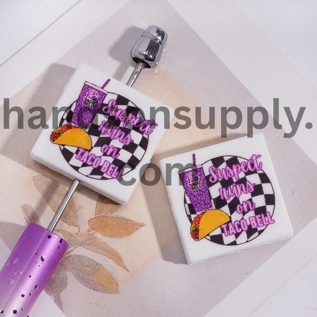 Cute Fast Food with Black & White Checkered Style Print on Flat Square Shape Silicone Focal Beads