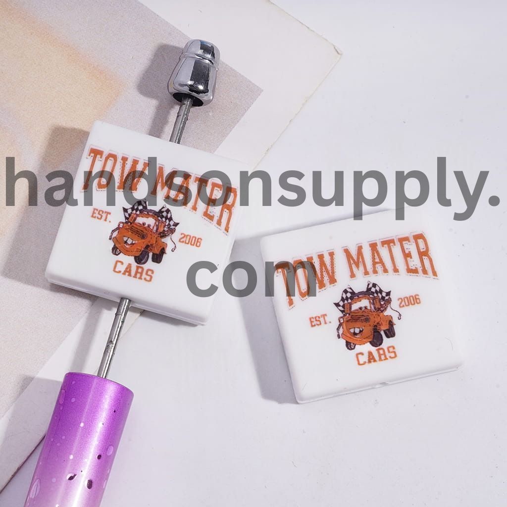 Cute Sports Car with Funny Text "TWO MATER & EST. 2026 CARS" Flat Square Shape Silicone Focal Beads