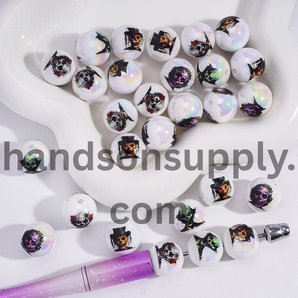 UV Coated Spooky Horror Clown Halloween Theme White Round Acrylic Bracelet Beads 16MM Random Mix