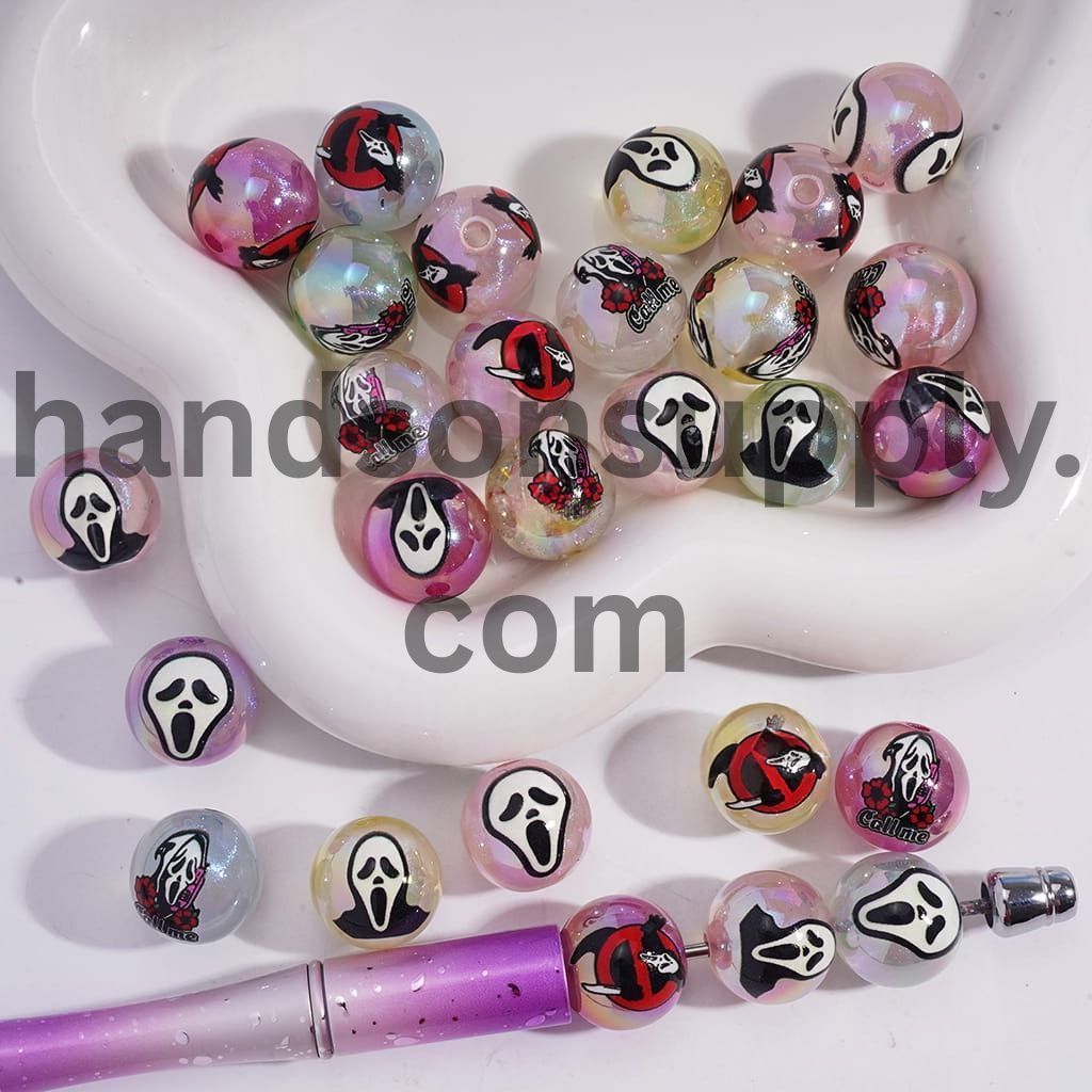 UV Coating Horror Mask Halloween Print on Round Acrylic Beads with Glitter 6mm Random Mix