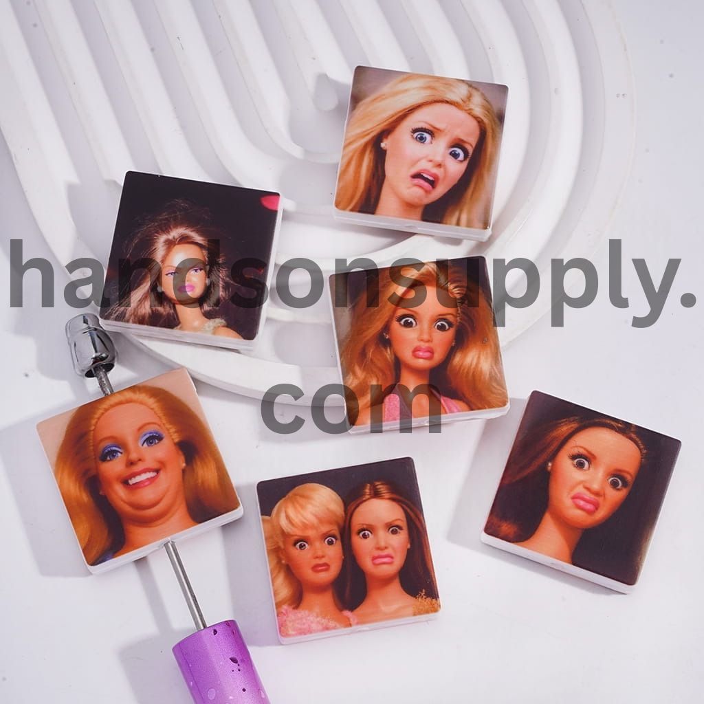 Cute Expression Fashion Doll Print on Flat Square Shape Silicone Focal Beads