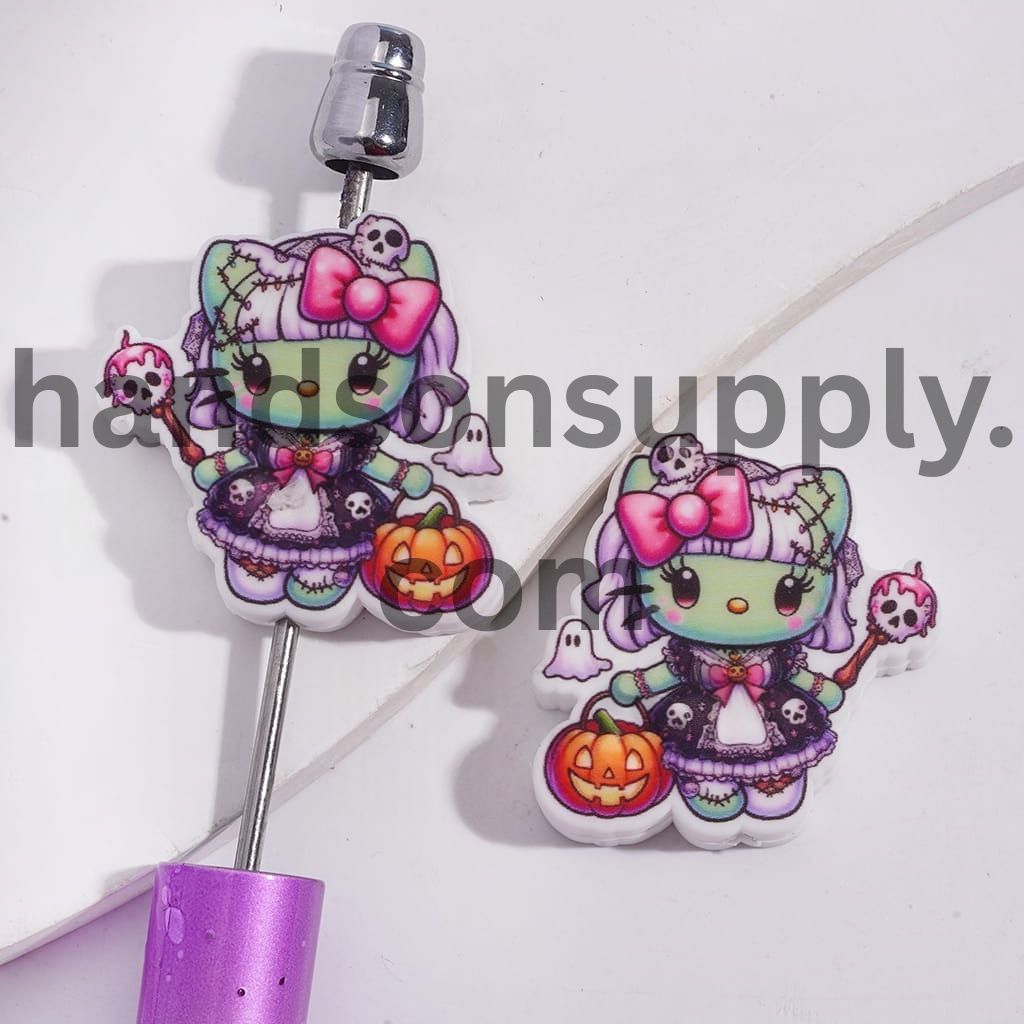 Cute Funny Green Halloween Cat Dress up & Holding Pumpkin lantern & Skull Staff Silicone Focal Bead