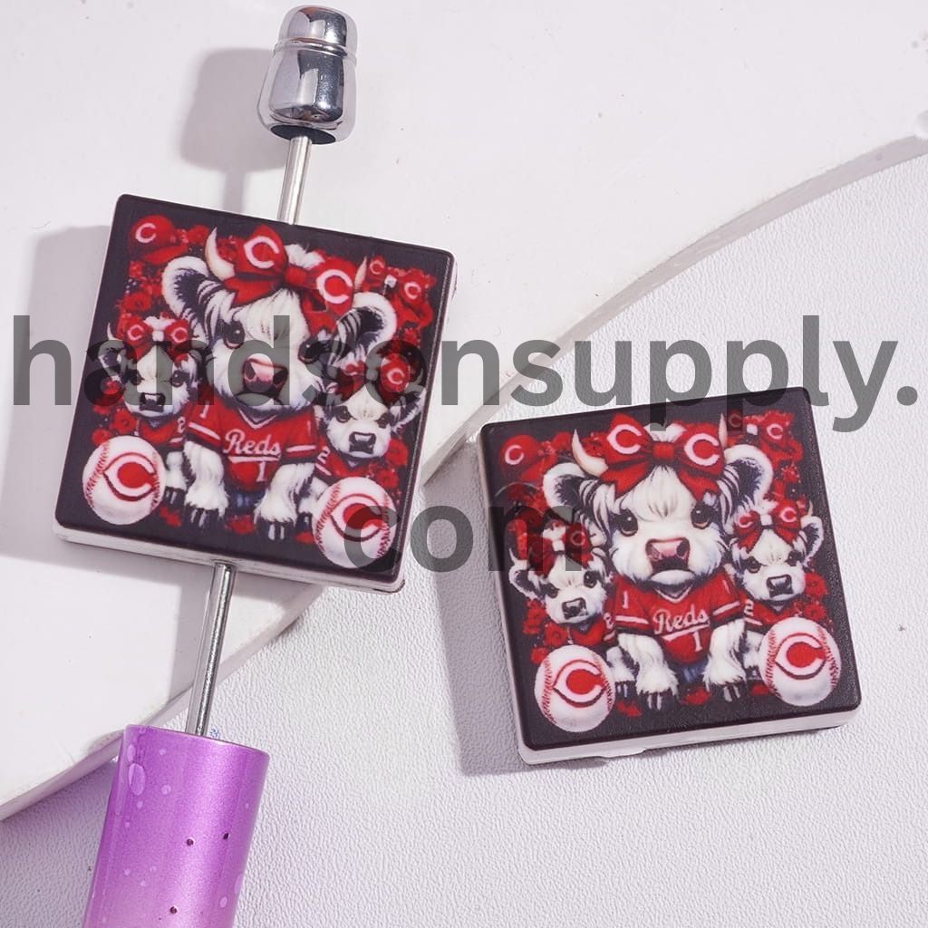 Cincinnati Baseball & Highland Cow Design Flat Square Silicone Focal Beads