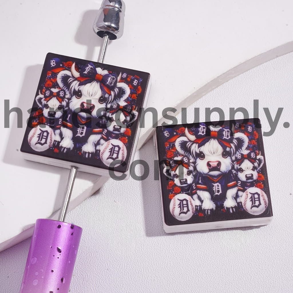Detroit Baseball & Highland Cow Design Flat Square Shape Silicone Focal Beads
