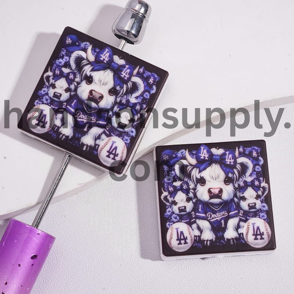 American LA Baseball and Highland Cattle Design Print on Flat Square Shape Silicone Focal Beads