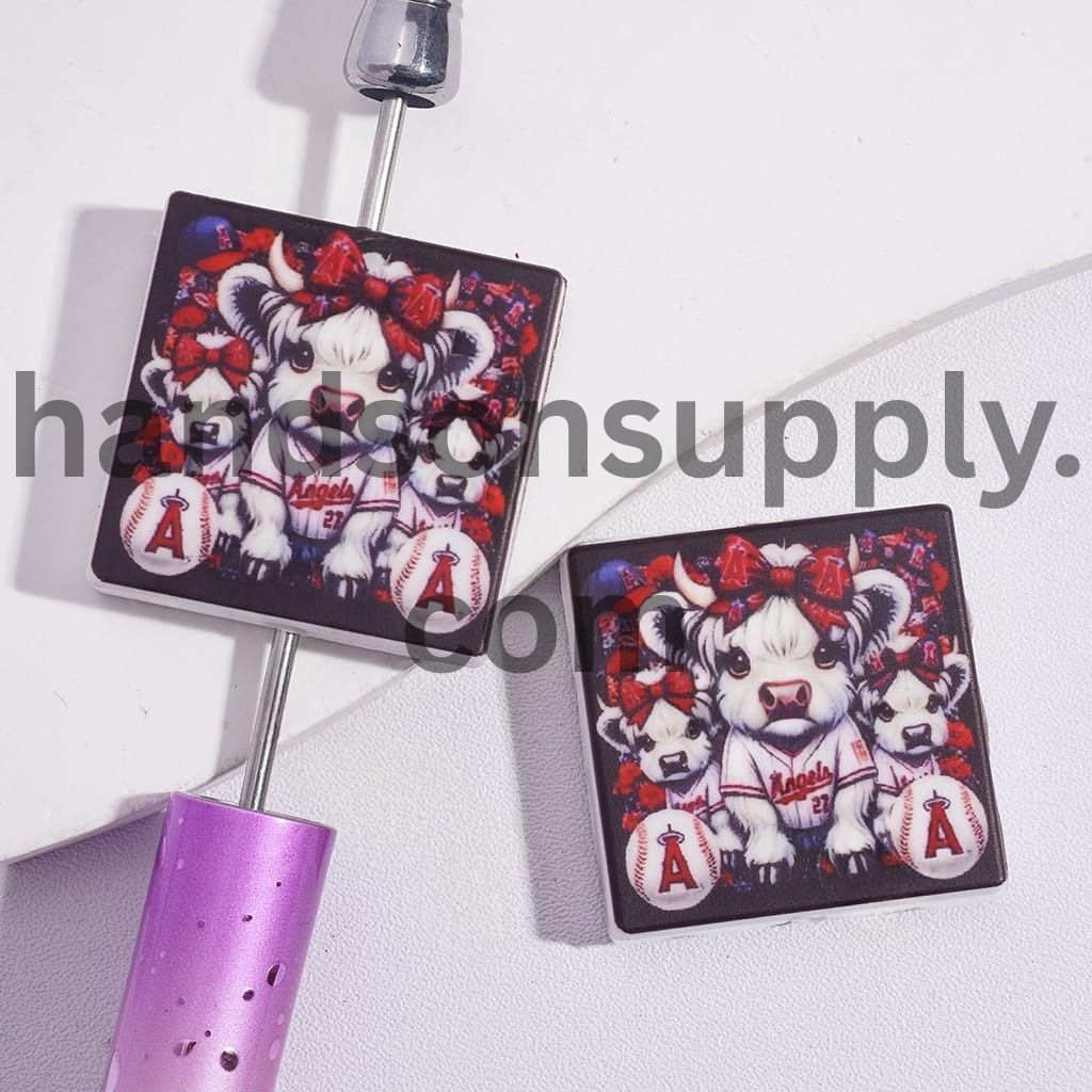 Highland Cow and American LA Angel BaseballDesign Print on Flat Square Shape Silicone Focal Beads
