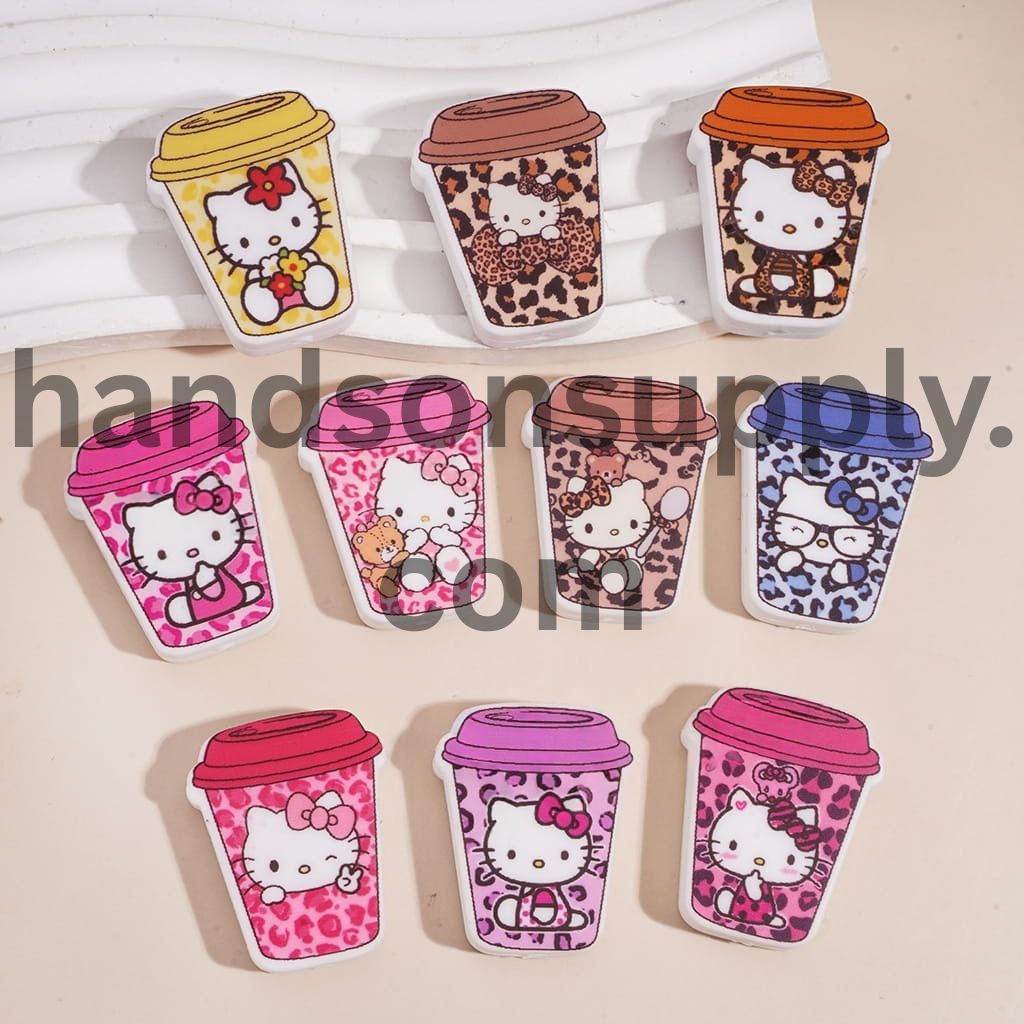 Cute Cat on Leopard Print, Coffee Cup Multi-Color Silicone Focal Beads Random Mix