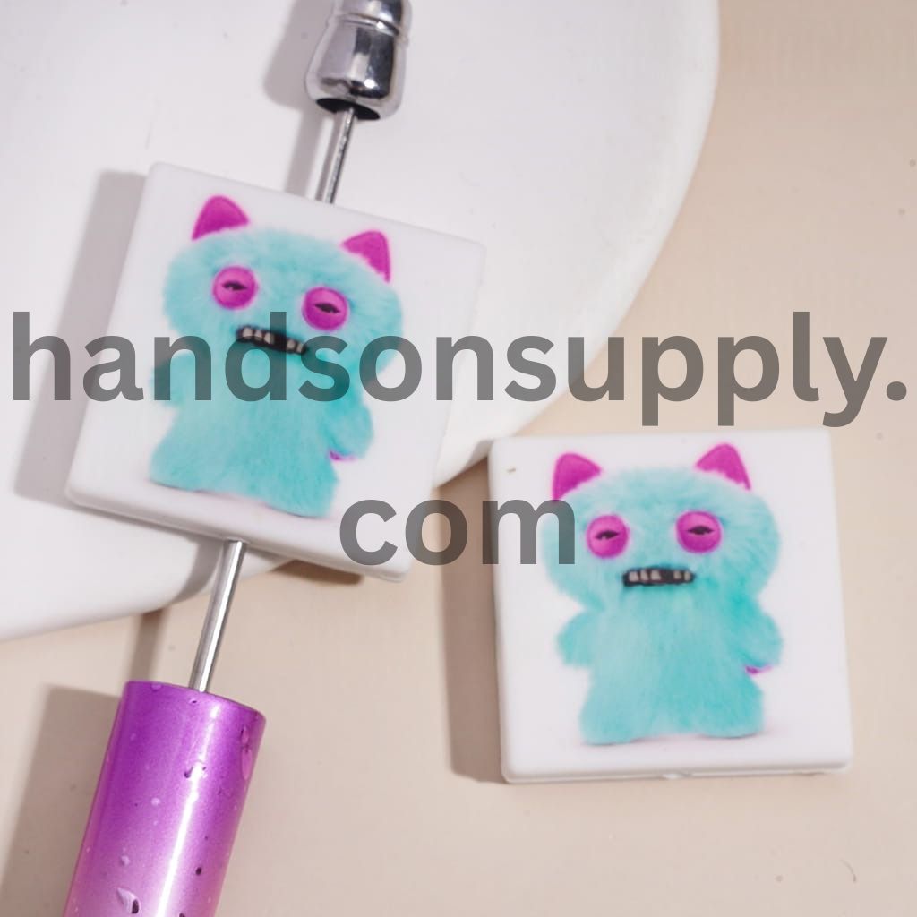 Cute Blue Monster with Furry Teeth Print Flat Square Shape Silicone Focal Beads