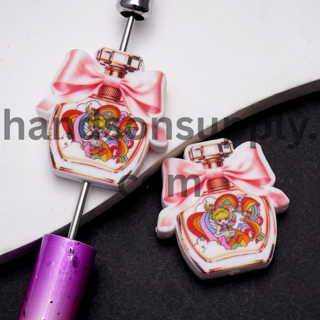 Rainbow Girl Character Design Print on Flat Perfume Bottle Shape Silicone Focal Beads