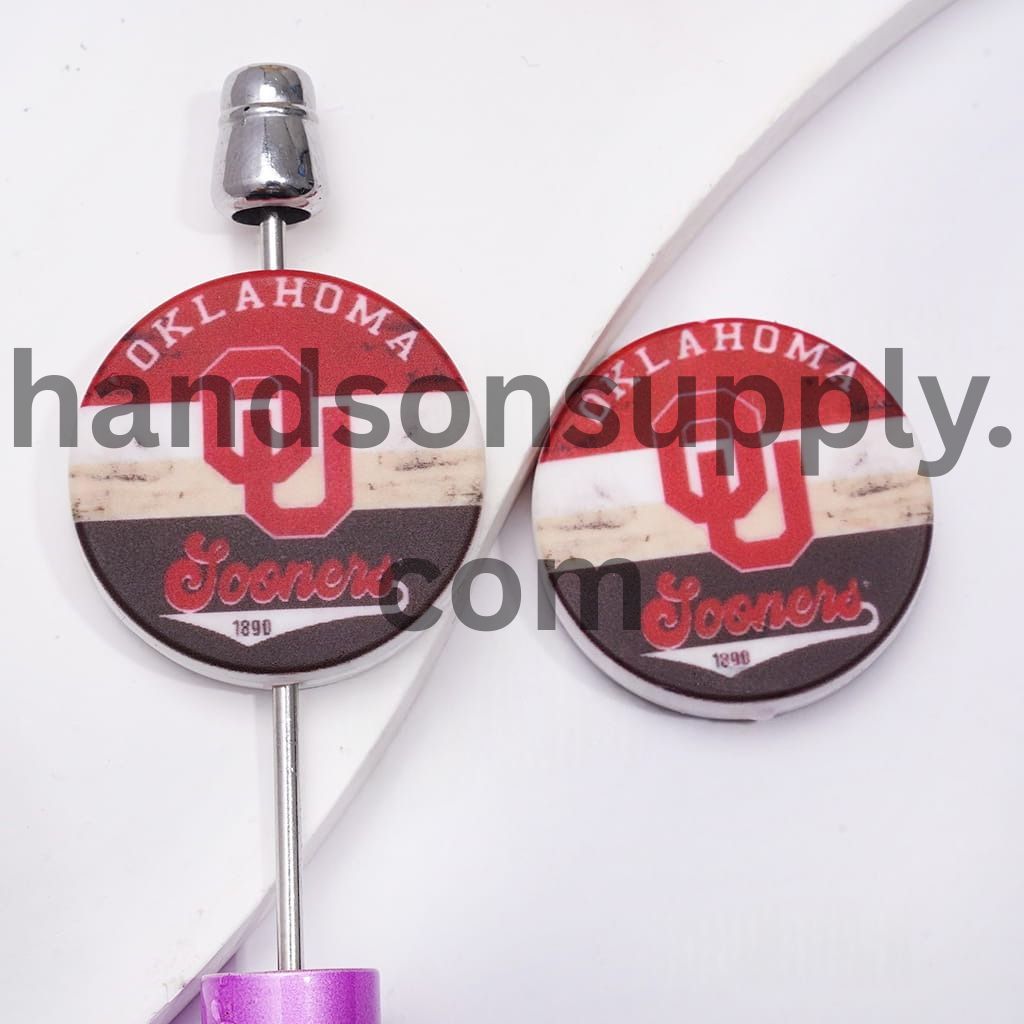 OU Team Sports Fan Print on Flat Round Shape Silicone Focal Beads