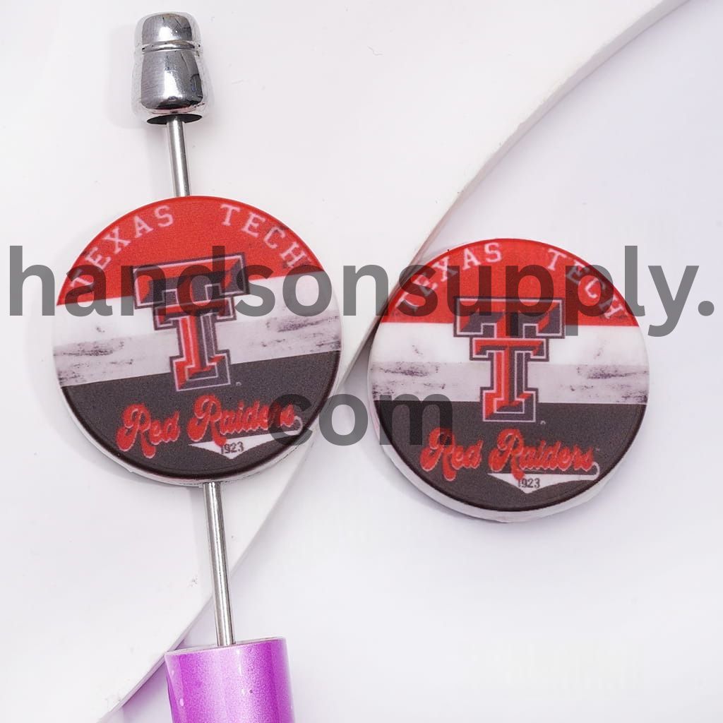 Texas Tech University Red Attackers Team Print, Flat Round Shape Silicone Focal Beads