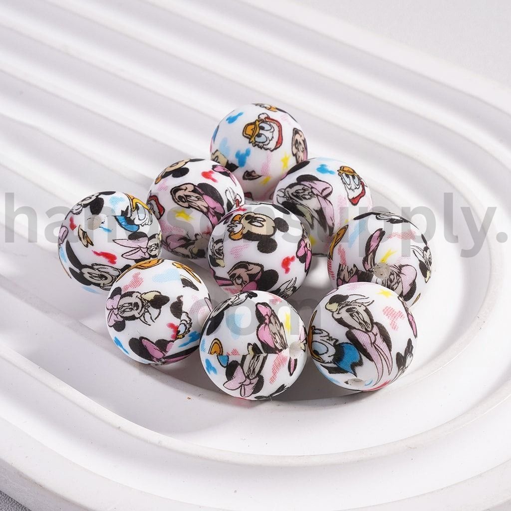 Cute Disney Characters Micke, Minni, Donal & Daisi Round Print Silicone Beads 15mm Z-00300