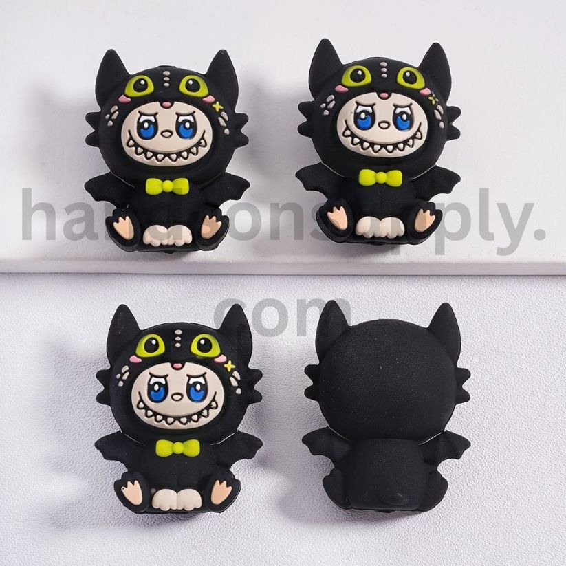 3D Labub in Bat Costume Halloween Black Silicone Focal Beads