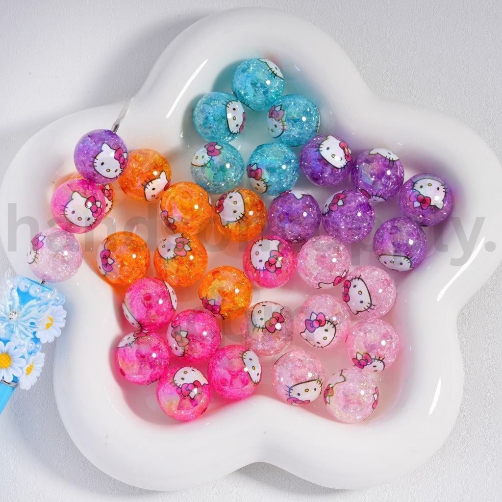 Dark Color Mix Crackle Finish Cute Cat Character Print Acrylic Beads 16MM
