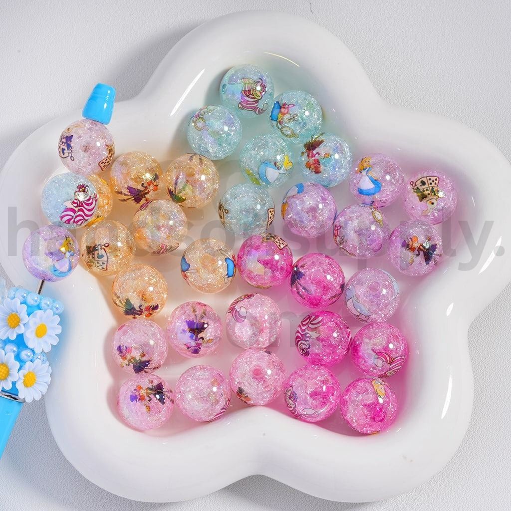 Light Color Mix Crackle Finish Alice in Wonderland Print Acrylic Beads 16MM