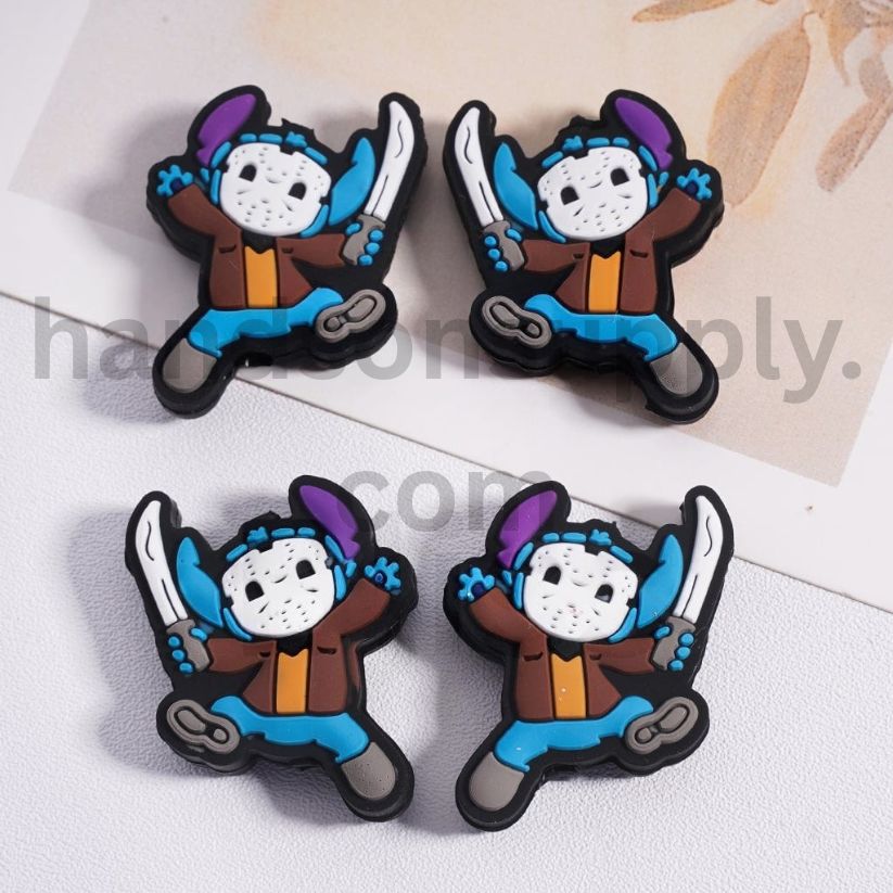 3D Cute Stitch Style Character Holding Machete with Haunted Mask Silicone Focal Bead
