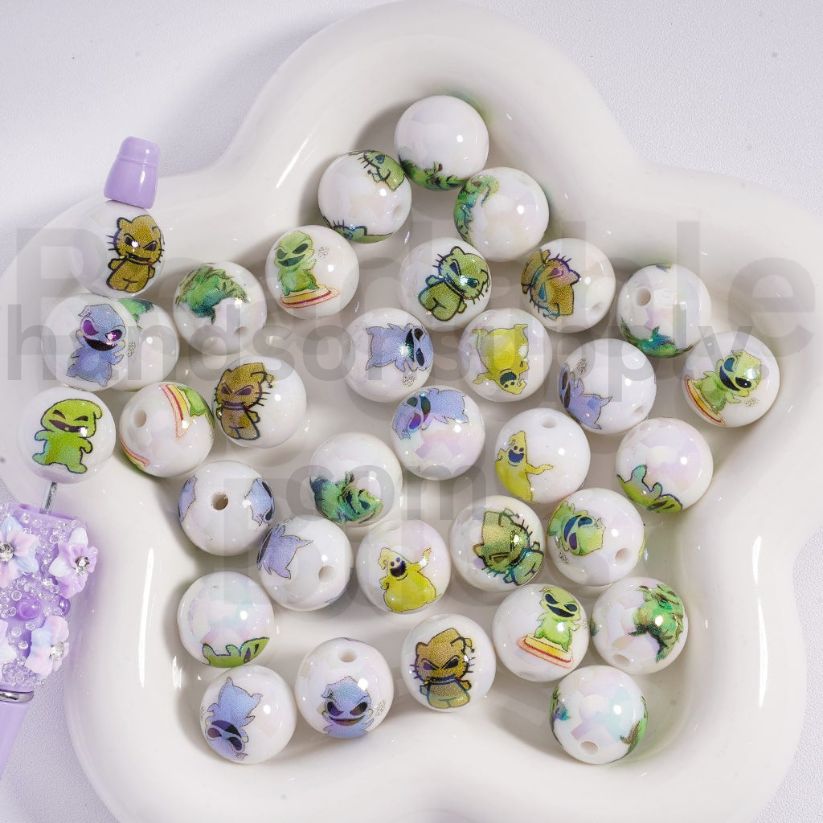 Spooky Tale Cute Oogie Boogie White Round Acrylic Beads White 16MM, Random Mix