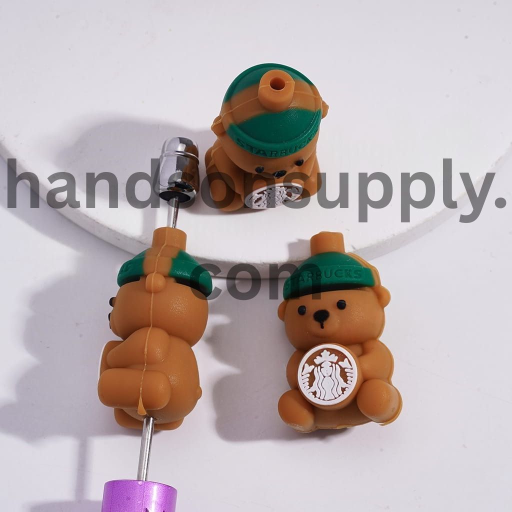 3D Cute Animal Character Coffee Brown Bear with Green Hat Silicone Focal Beads