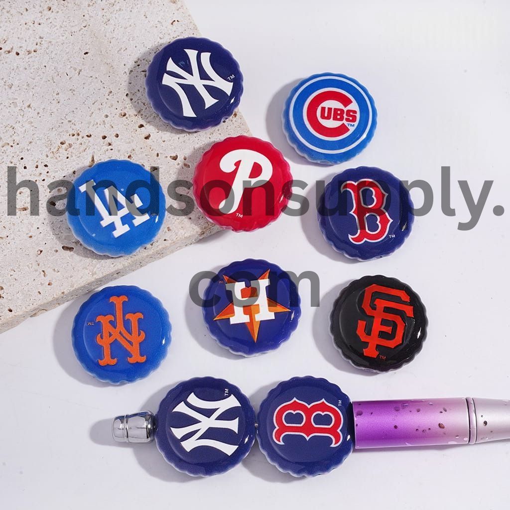 Cute Baseball Series Printed Beer Cap Flat Round Acrylic Beads 26MM, Random Mix