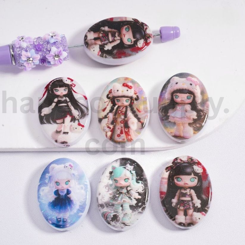 Kawaii Moll &Cute Cat Character Hair Clip Moll Design Acrylic Beads 27*37MM, Random Mix