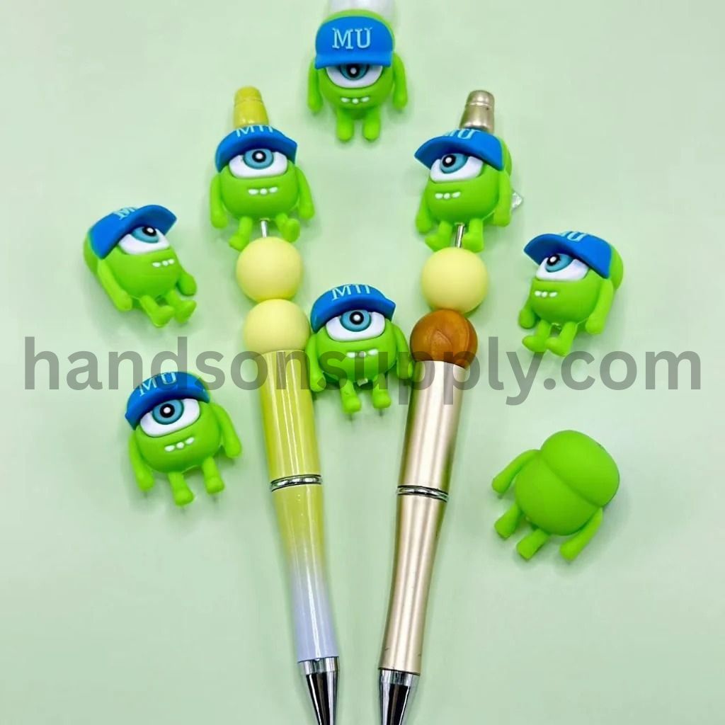 3D Cute Universit Mik Little Green Single Big Eye Monster in a Blue Cap Silicone Focal Beads