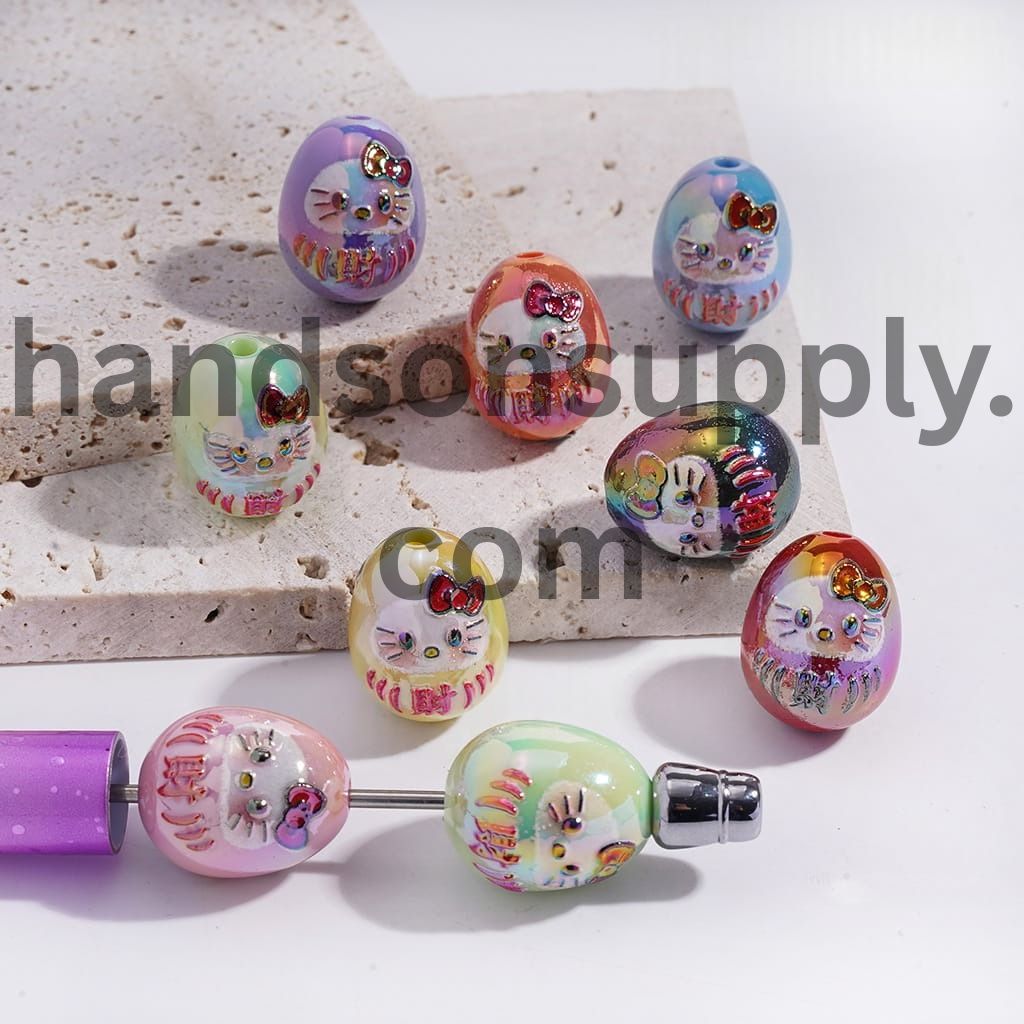 Cute Cat Character and Lucky Word Patterns Egg Shape Acrylic Beads 16*20MM, Random Mix
