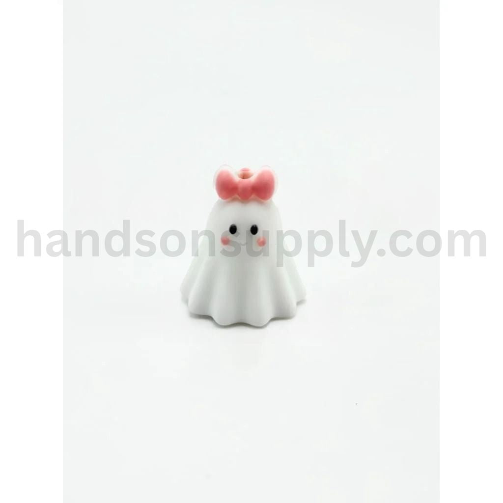 3D Adorable Cute Halloween Ghost Girl White Spooky Charm with Pink Bow Silicone Focal Beads