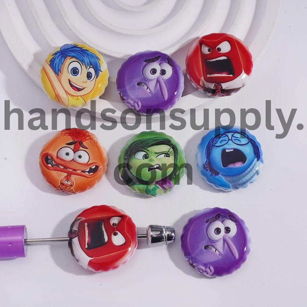 Cute Five Feelings Cartoon Face Character Flat Round Shape, 26MM Acrylic Beads Random Mix