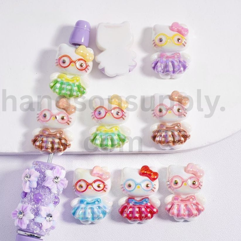 Luminous Cute Cat Flat Back Acrylic Beads with Glasses & Plaid Skirt 17*23MM, Random Mix
