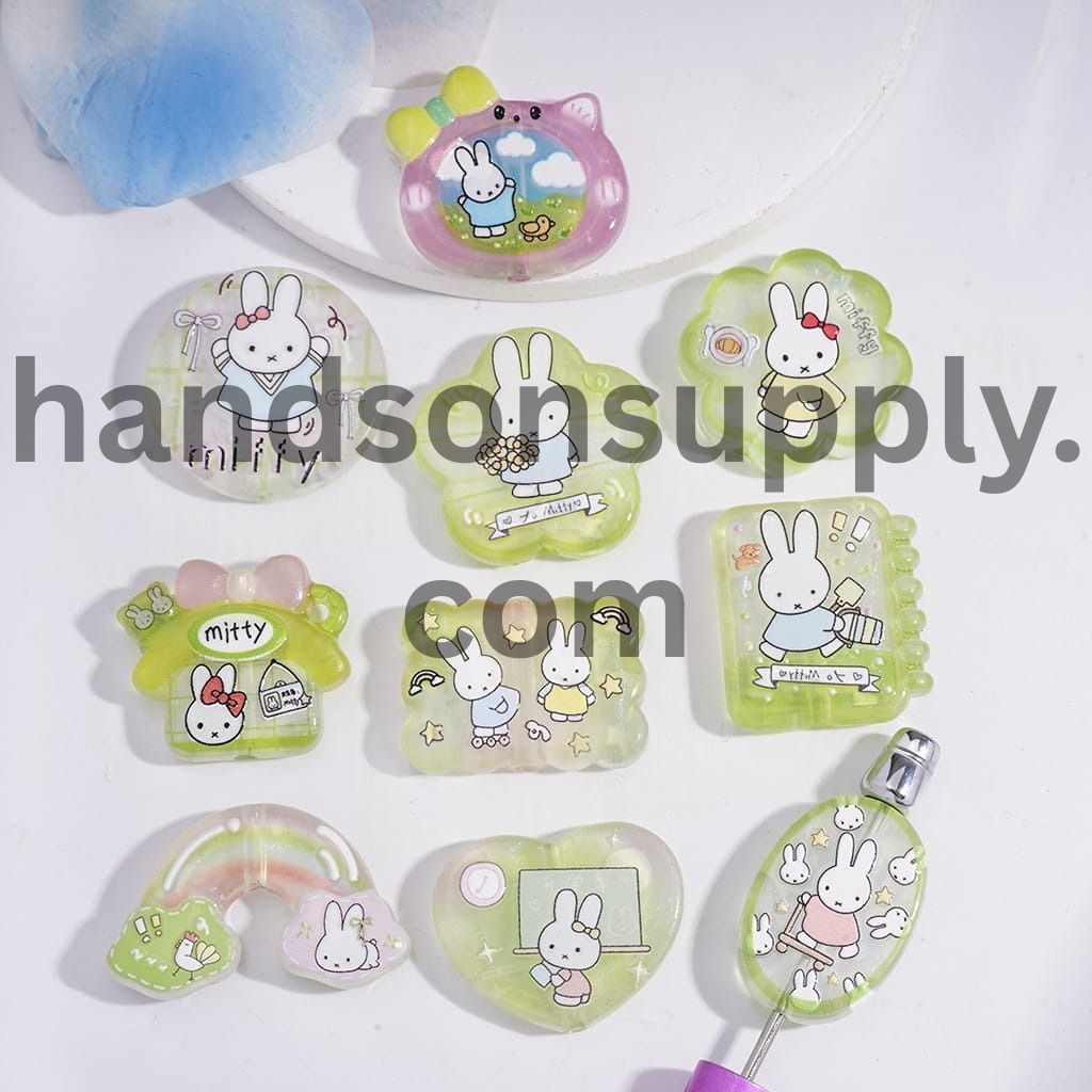 Cute Rabbit White Bunny Print in Various Shape & Design Acrylic Beads Green Series, Random Mix