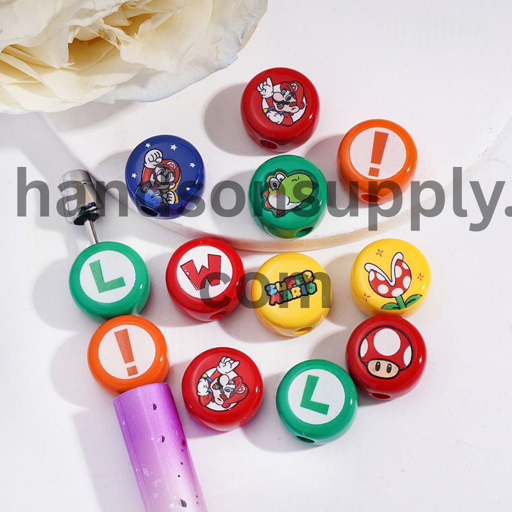 Cute Game Hero Plumber Character Print Flat Cylinder Shape Acrylic Beads 16MM, Random Mix