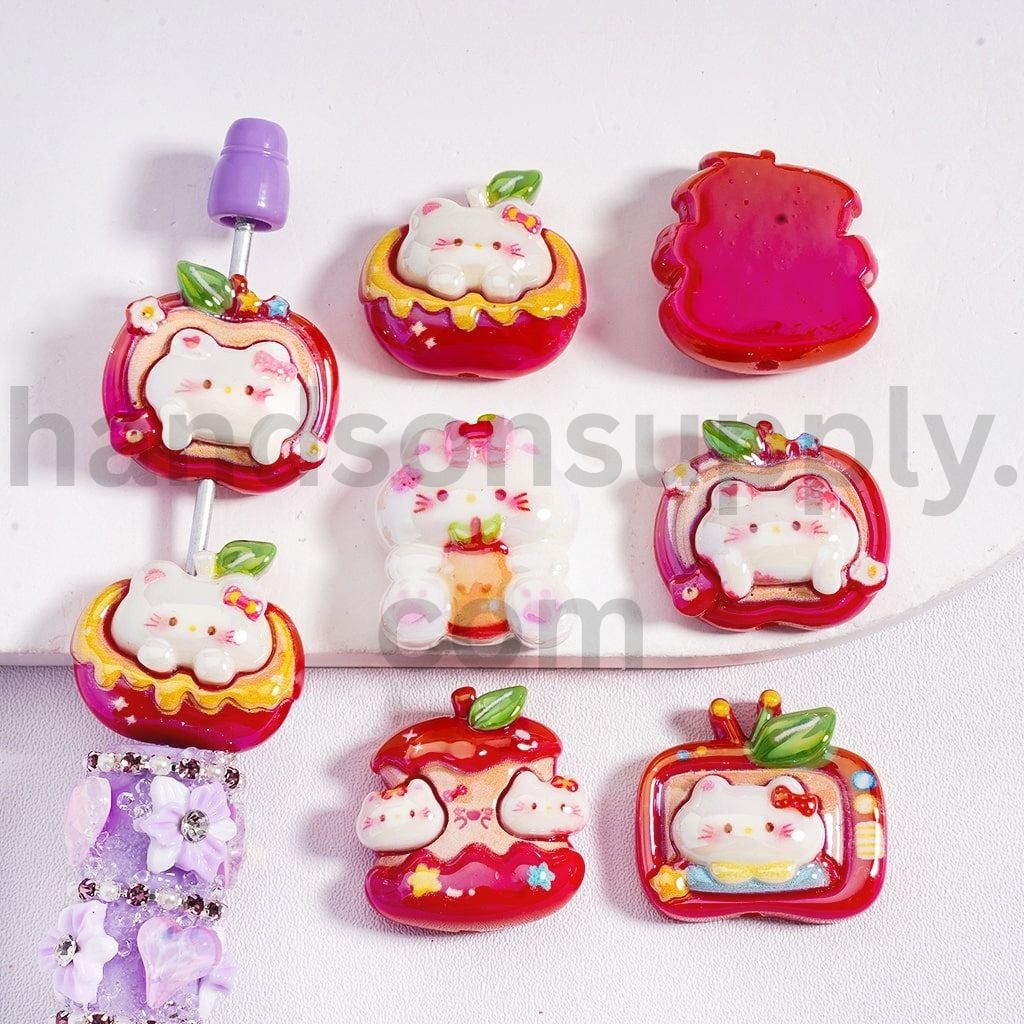 UV Finished Hello Kitty Cute Cat Red Apple Shaped Acrylic Beads Random Mix