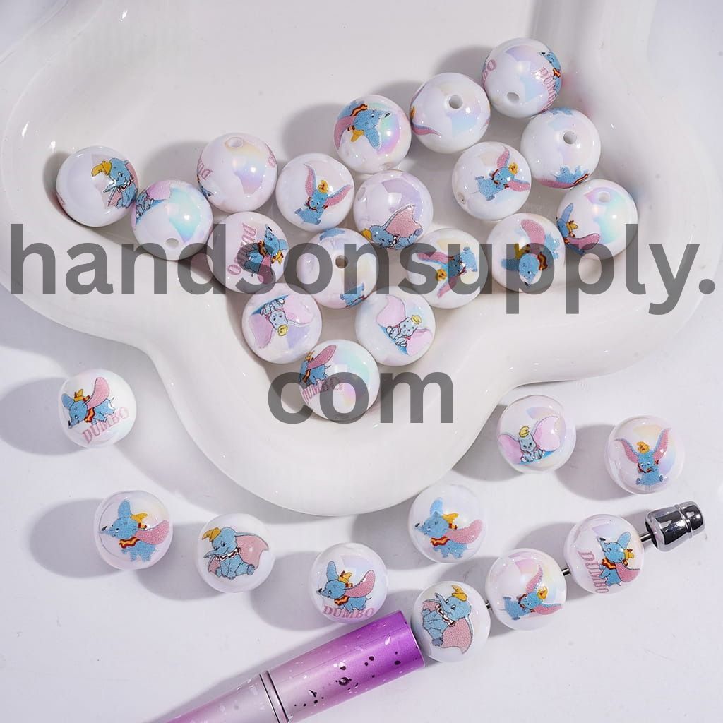 UV Coating Cute Animal Classic Flying Elephant Character Prints Round Shape Acrylic Beads for Bracelets 16MM Random Mix