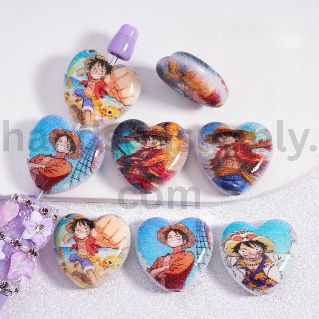 One Piece Luffy Japanese Anime Flat Heart Acrylic Beads 23*24mm Random Mix