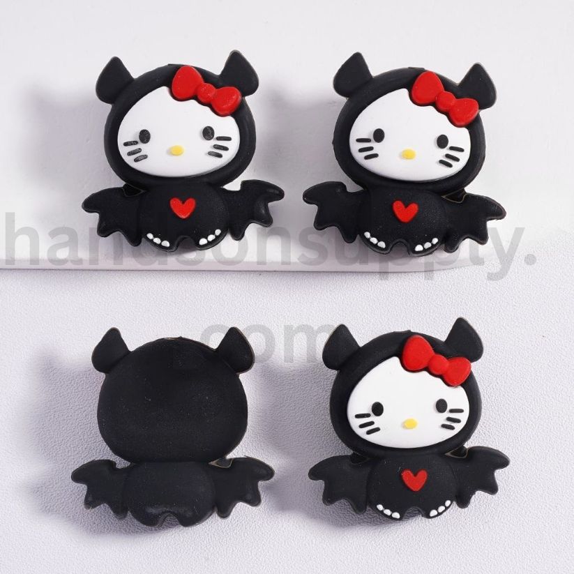 3D Hello Kitty Cute Cat in Black Bat Costume with Red Bow & Little Heart Halloween Theme Silicone Focal Beads