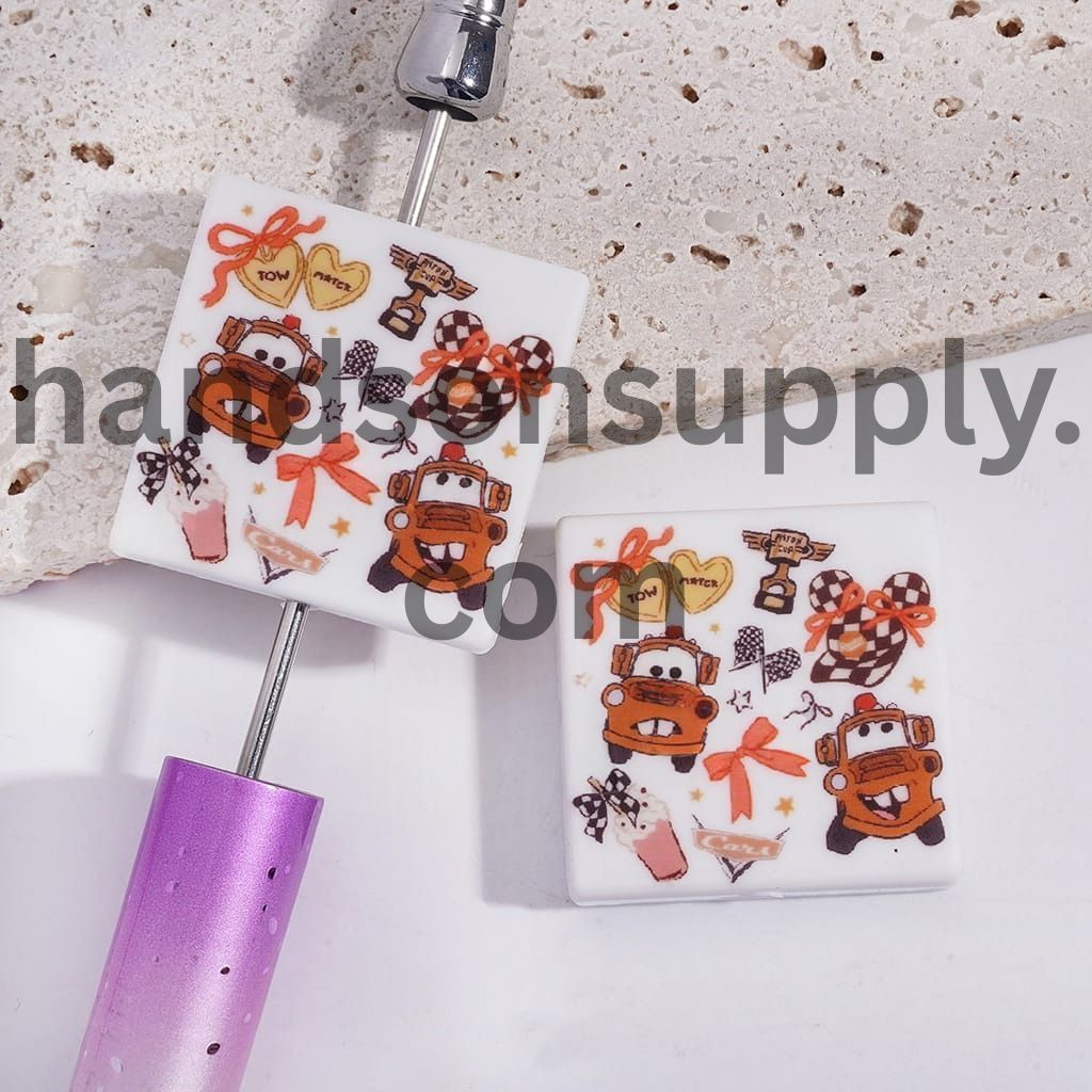 Sports Car Competition Series Flat Square Shape Silicone Focal Beads Random Mix