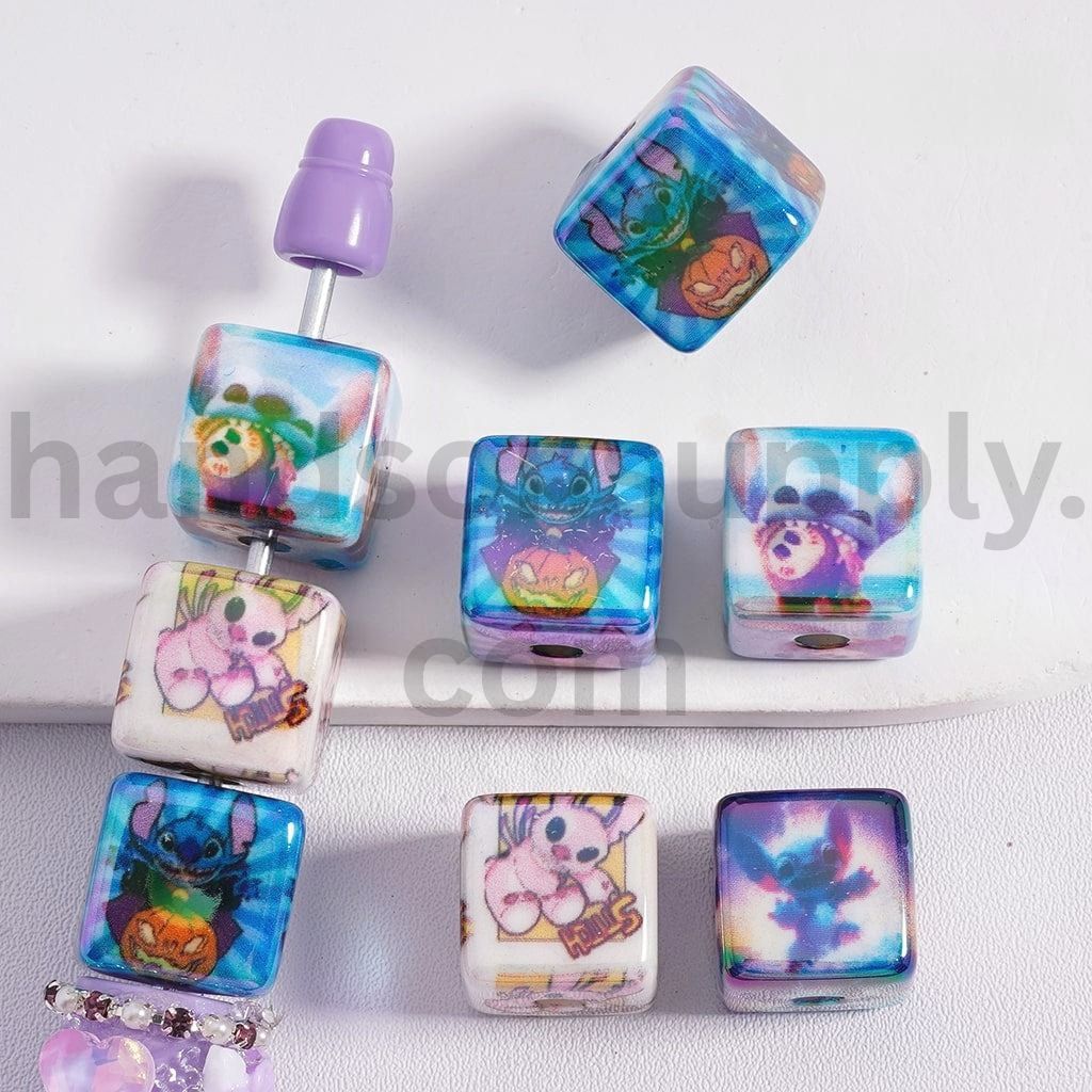 UV Coated Cute Stitch & Halloween Pumpkin Prints, Multi-Color Cube Acrylic Beads 14MM Random Mix