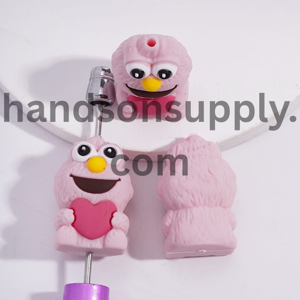 3D Cute Classic Puppet Pink Flocked Monster with Heart Charm Design, Silicone Focal Beads Random Mix