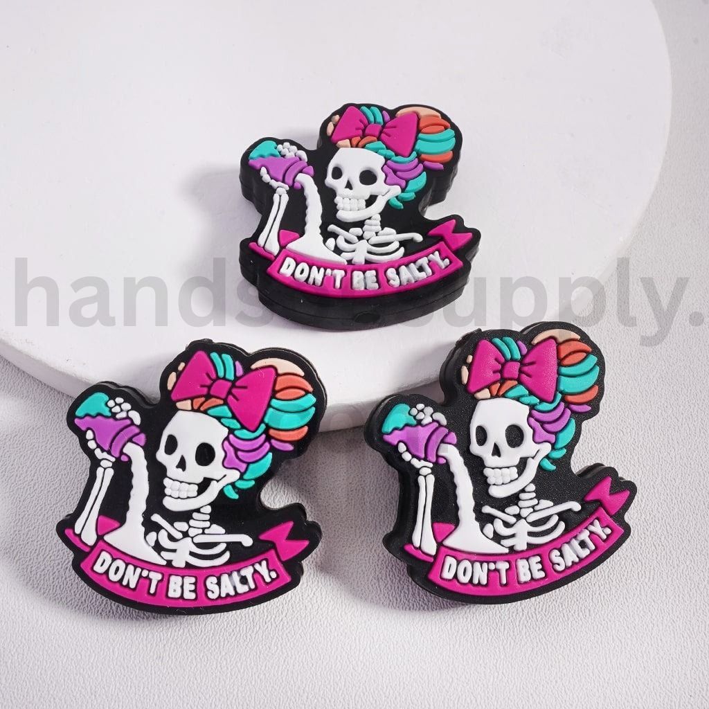 Don’t Be Salty Pink Bowk Human Skeleton Skull with Creepy Horror Silicone Focal Beads