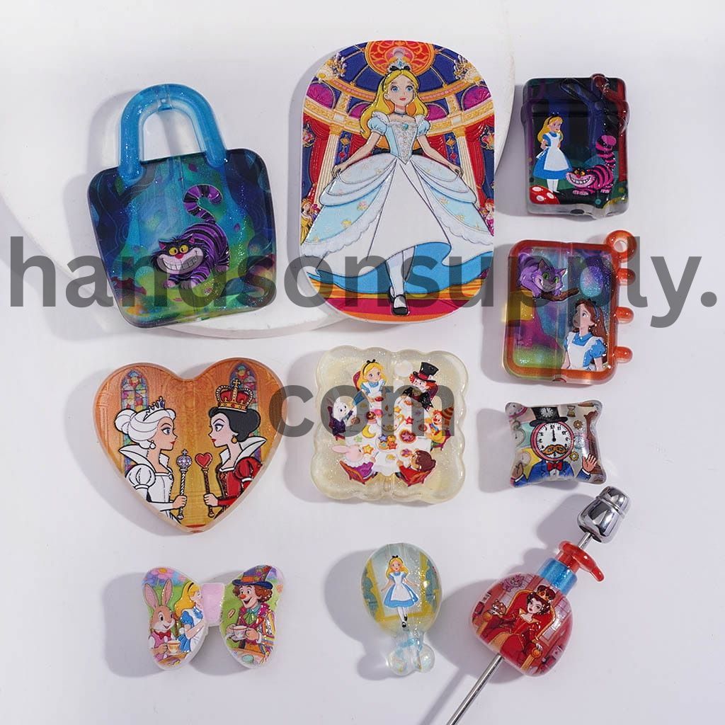 3D Girl Into Rabbit Hole Fantasy World Prints Series in Various Shape & Designs Prints Acrylic Beads Pendants Random Mix