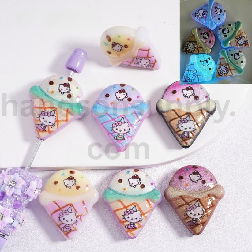 Glow Cute Cat Print Watermelon Ice-Stick Cone Acrylic Beads 26*30MM, Random Mix