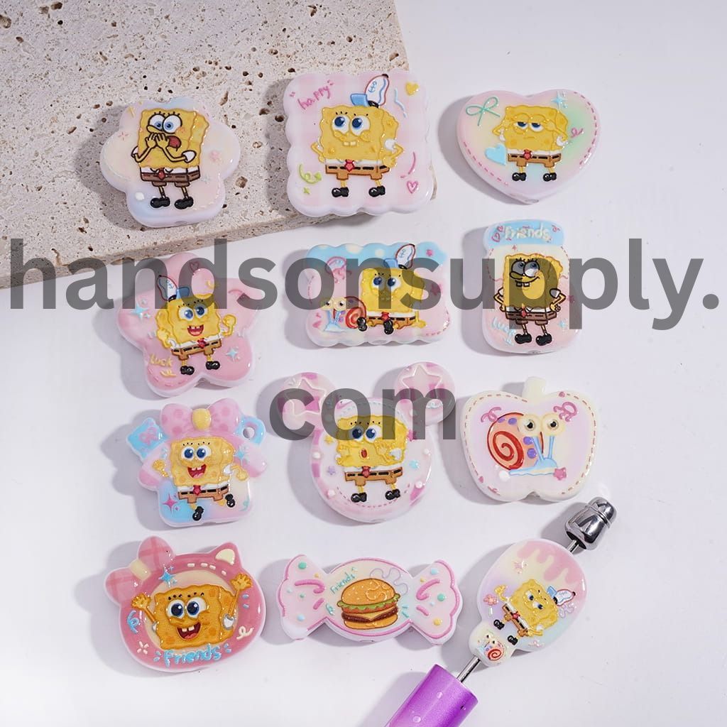 Yellow Sponge Cartoon Character Series Design in Various Shape Acrylic Beads Pendants Random Mix